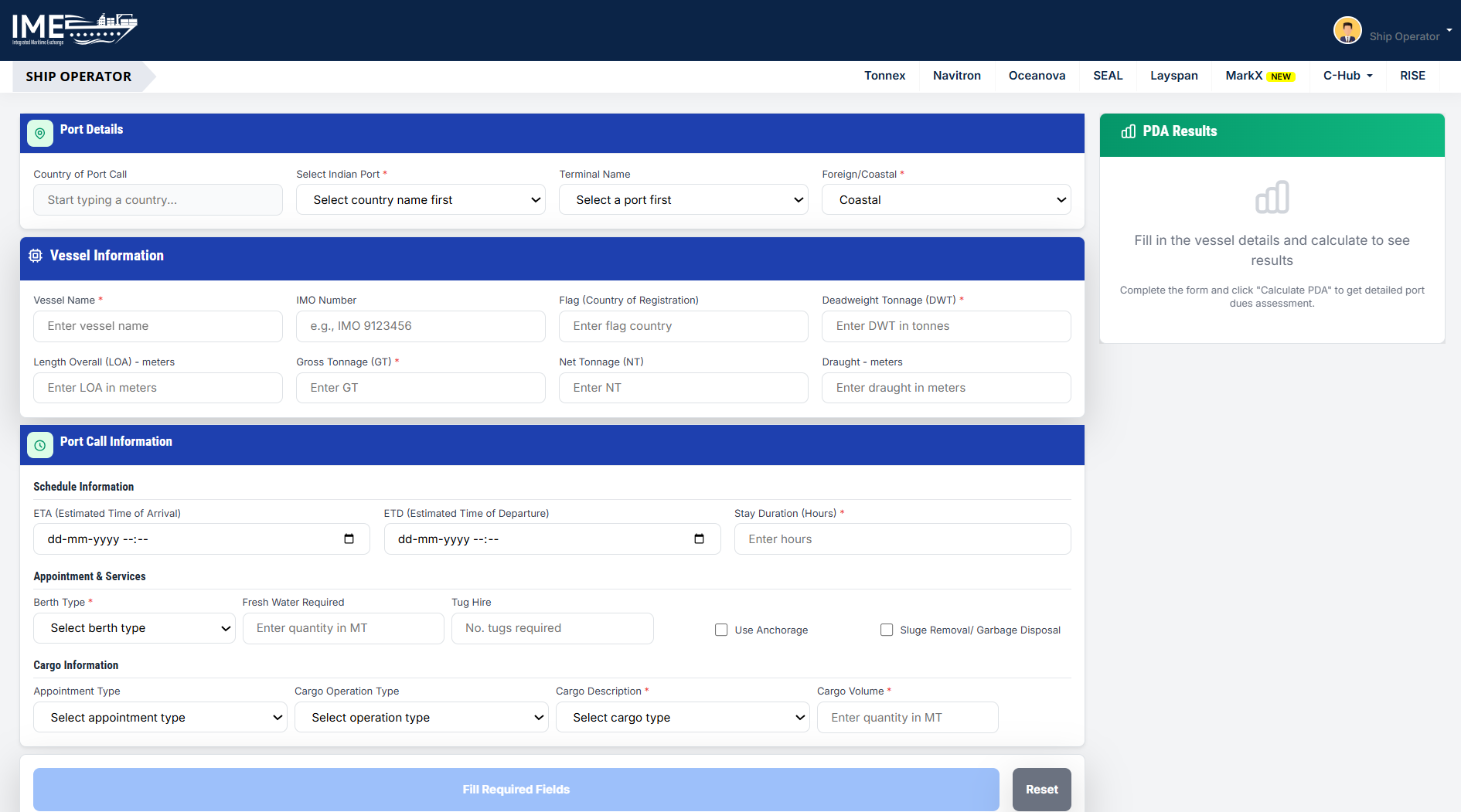 C-Hub PDA Calculator, port details, vessel information, port call information, and PDA results panel