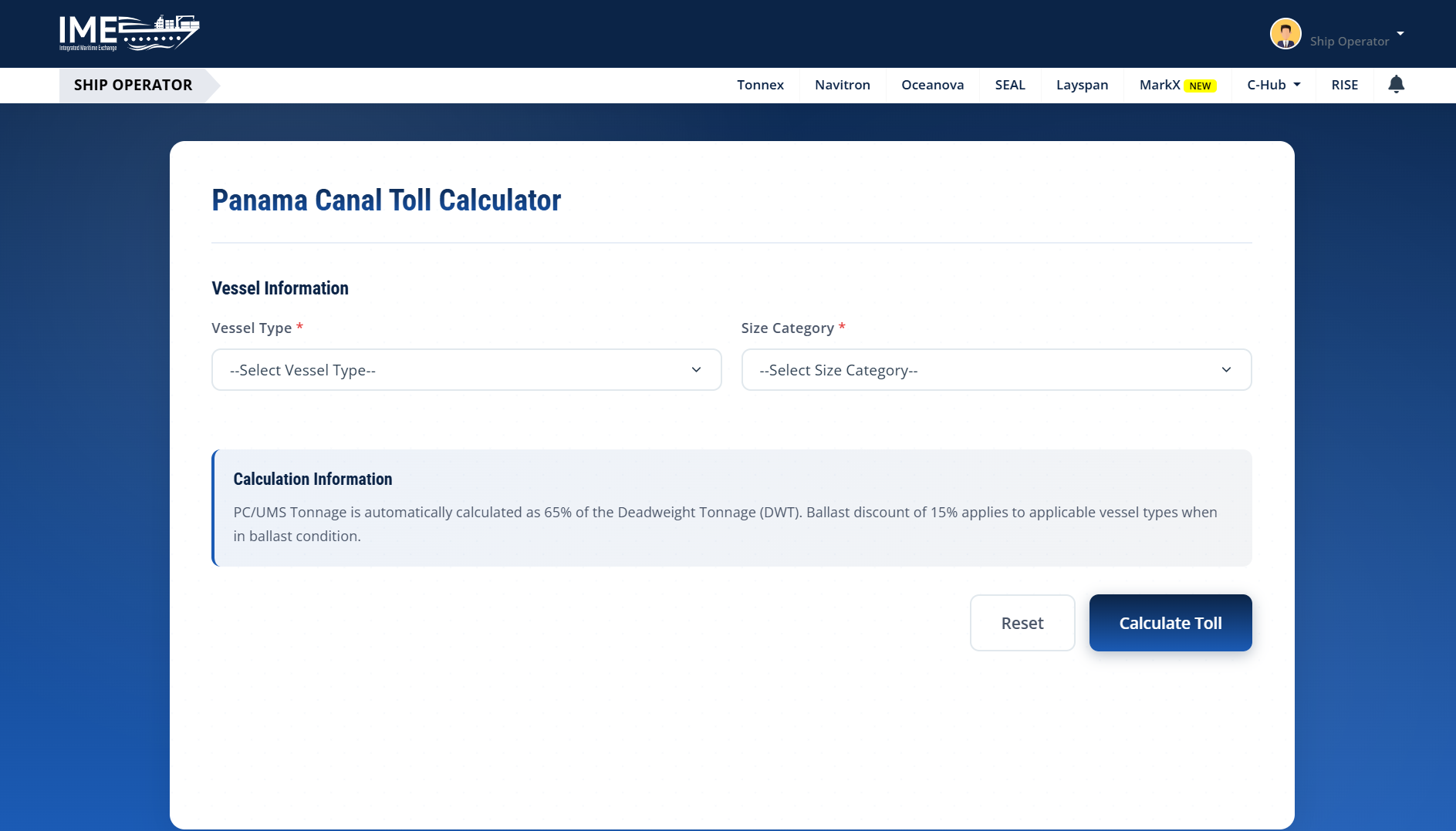 C-Hub Panama Canal Toll Calculator, vessel type, size category, and calculation details