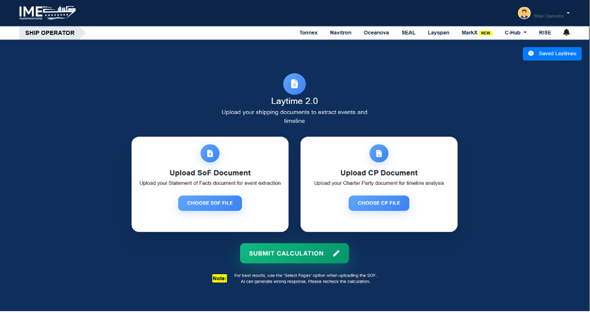 Layspan 2.0, upload Statement of Facts and Charter Party documents for laytime calculation