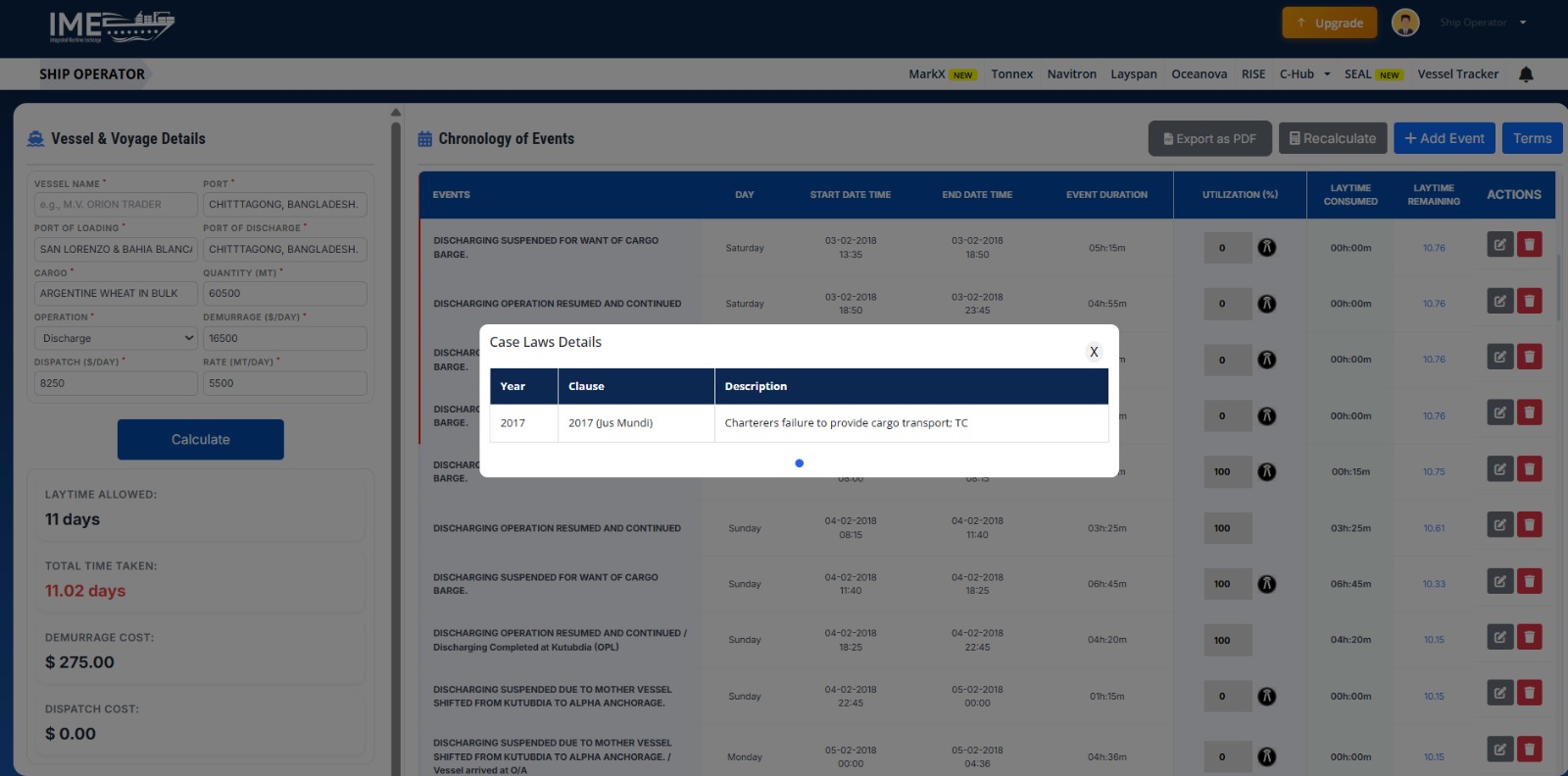 Layspan case laws reference, built-in demurrage clause library linked to chronology events