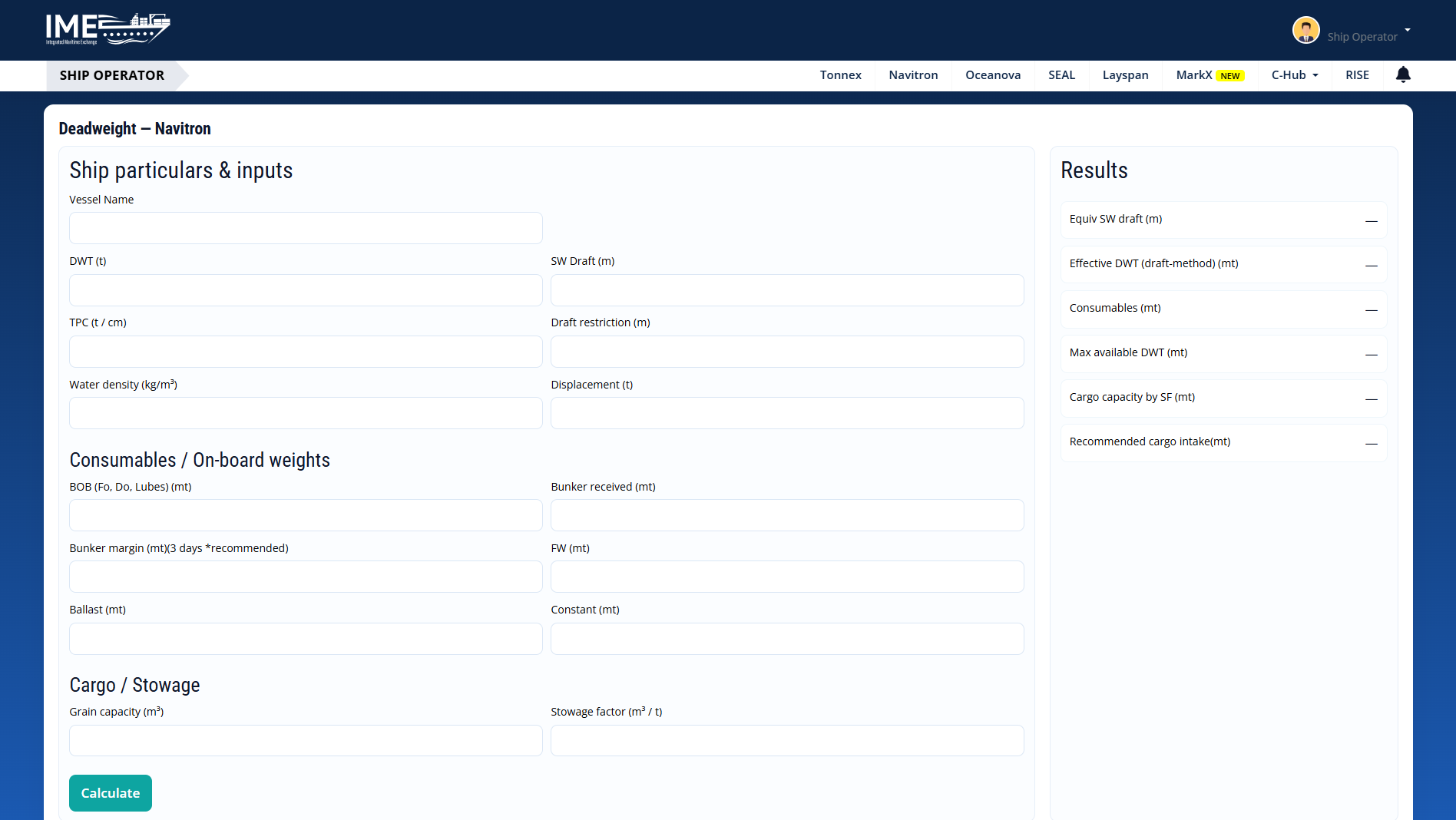 Navitron deadweight calculator, ship particulars, consumables, cargo stowage inputs, and results panel