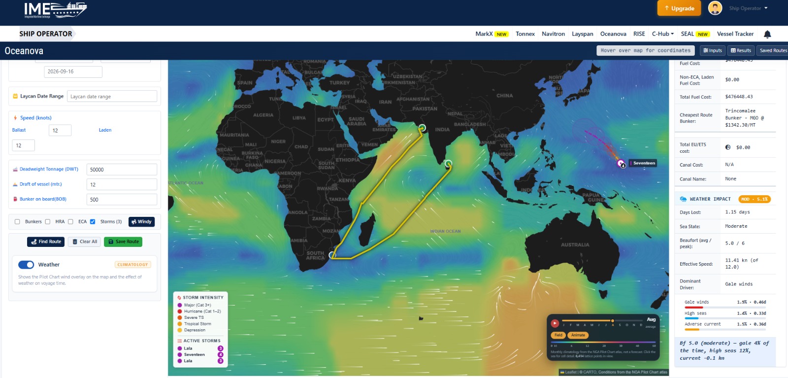 Oceanova route planner, voyage inputs, ECA zones on the map, and full voyage results panel