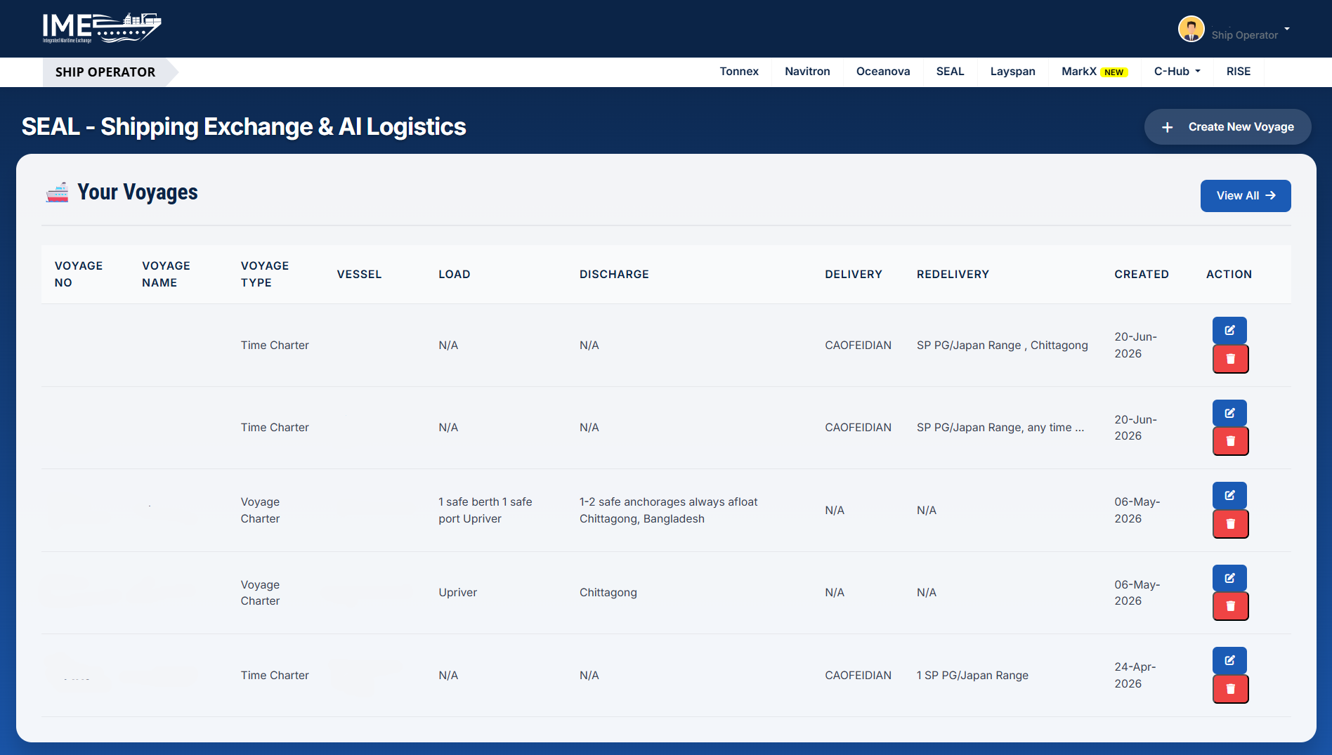 SEAL your voyages dashboard, voyage list with type, load, discharge, delivery, and redelivery details