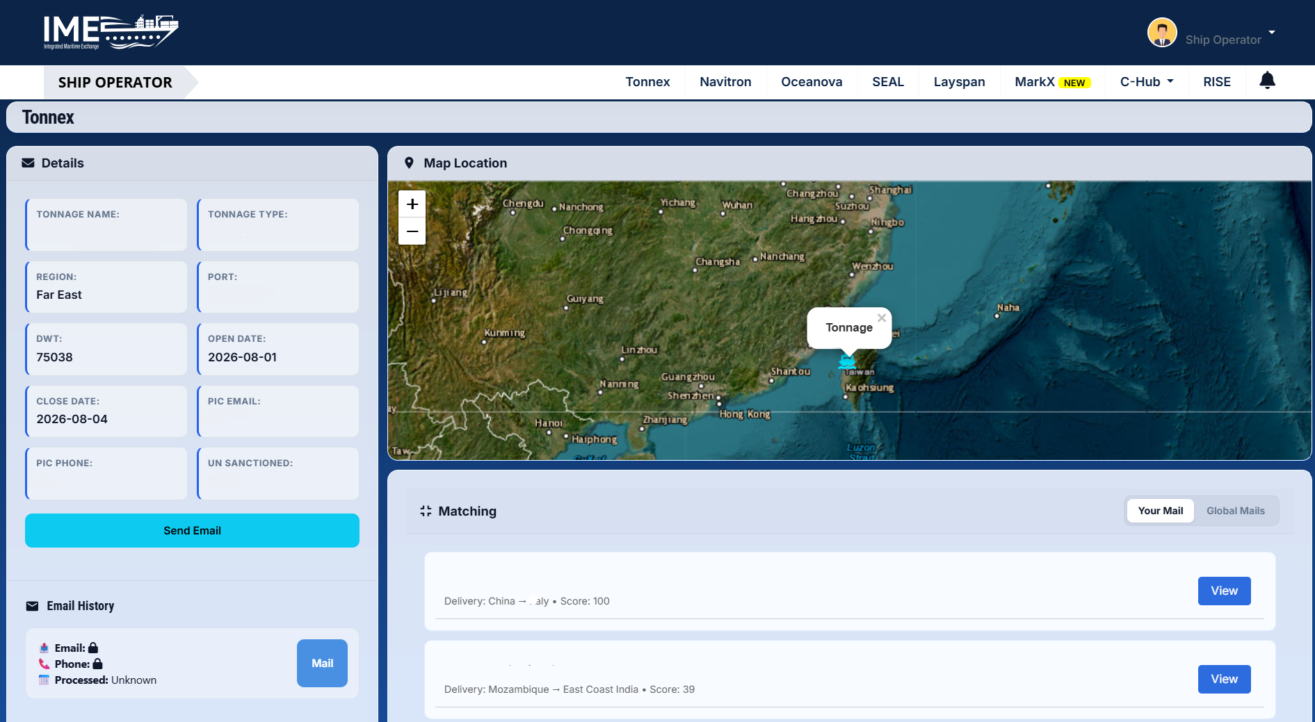 Tonnex tonnage record, vessel details, map location, and scored matches