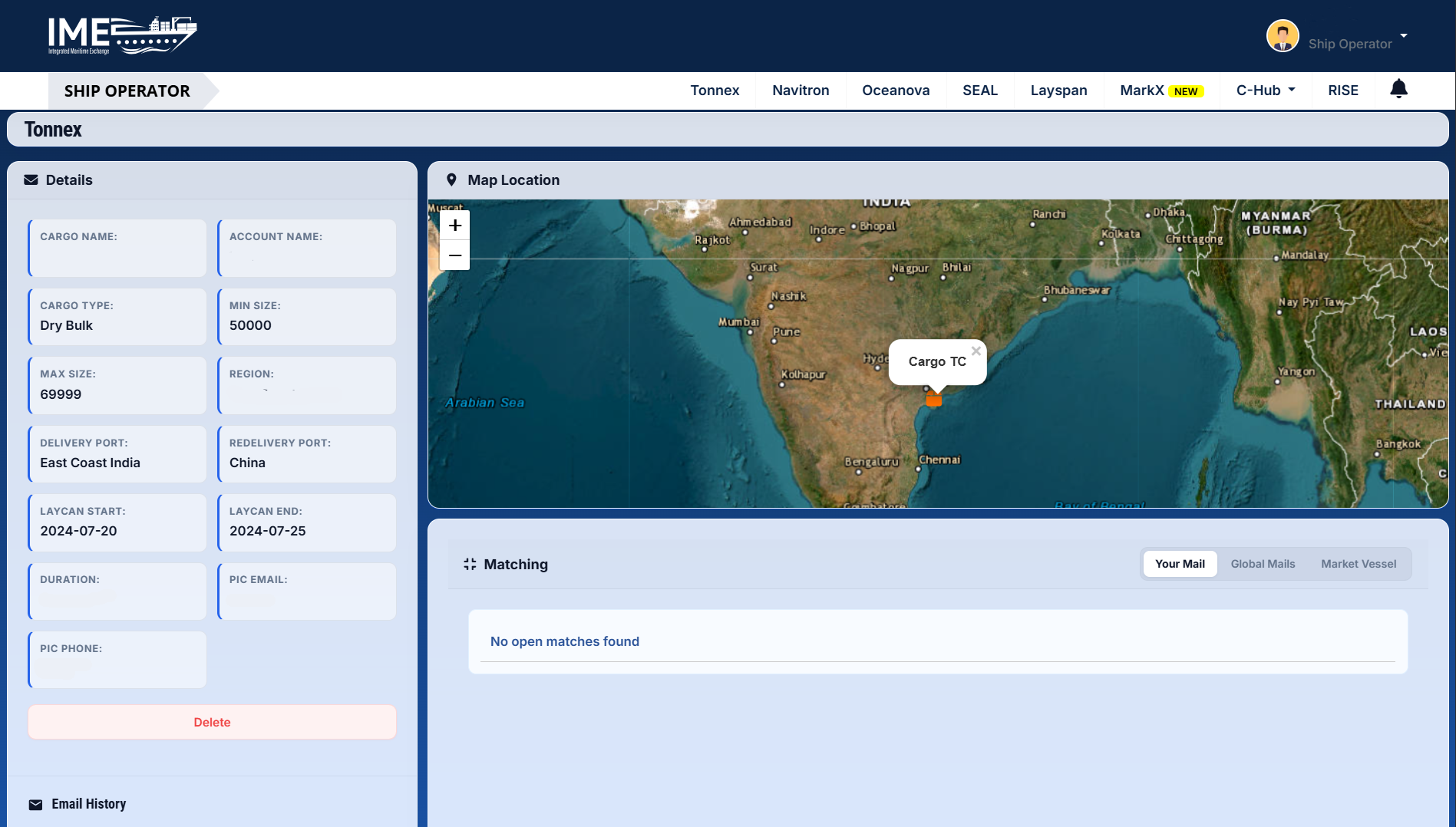 Tonnex cargo TC record, parsed details, map location, and matching panel